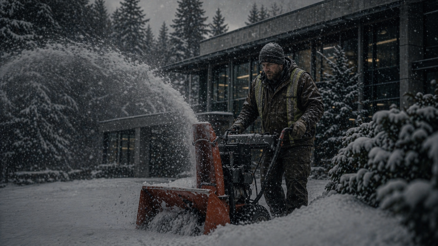 ManageMowed crew operating a snowblower clearing heavy snow at a Spokane commercial property