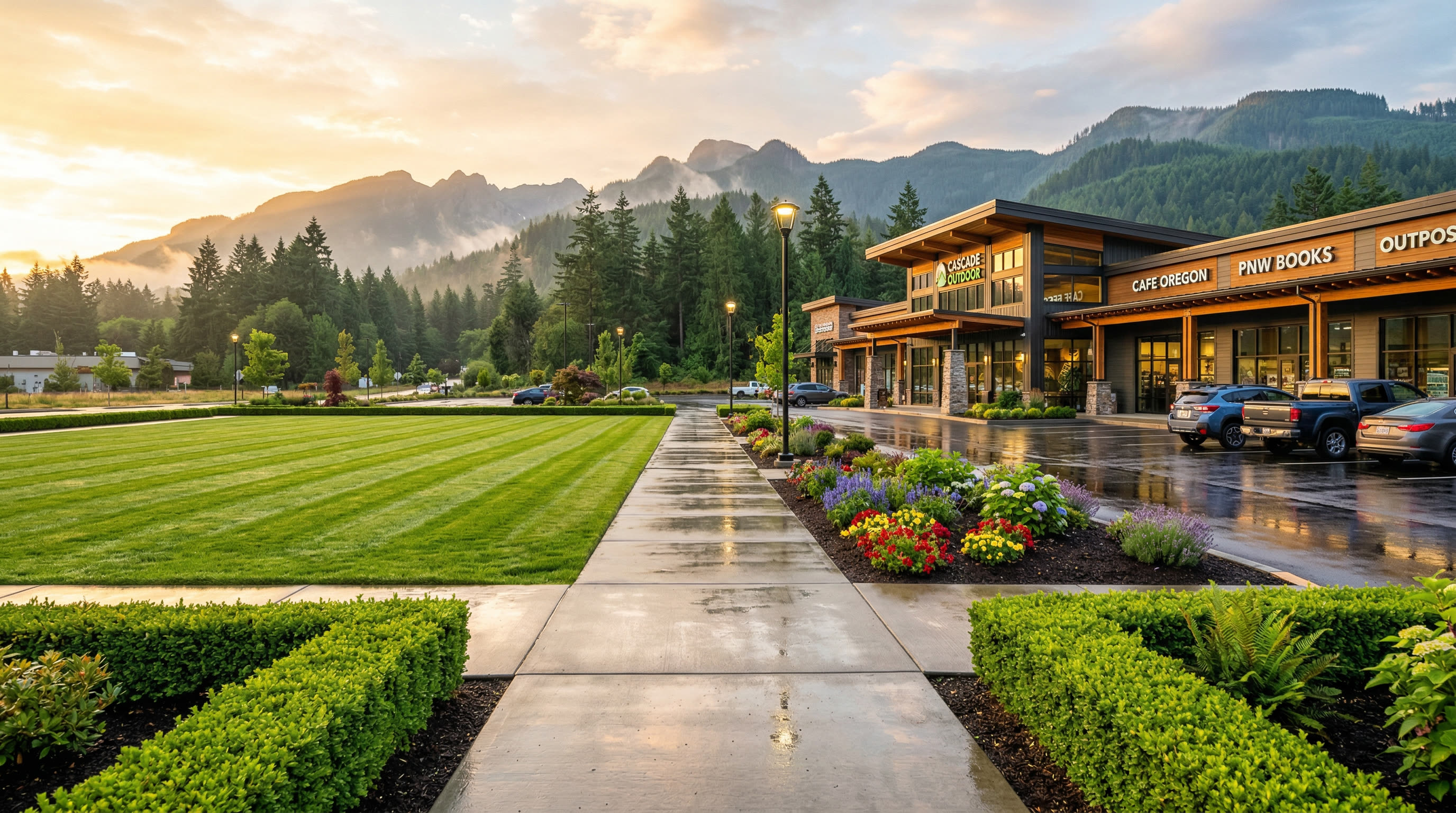 Pristine commercial landscape maintained by ManageMowed in the Spokane area